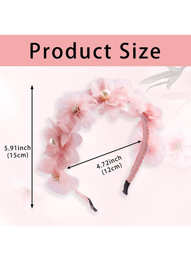 Flower Headband for Girls Pink Rose Floral Head Band with Flowers Elegant Headbands With Pearls For Women Girl Wedding Party Headdress Non Slip Bands - Image 2